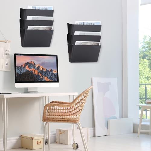 EASEPRES 6 Pack Black Plastic Single Pocket Hanging File Organizer, Wall Mount Paper Mails Magazines Holder, Mounted Folder Bins for Office School and Home, 12.99x4.13x7.48 inches - color: Black, size: 6 Pack