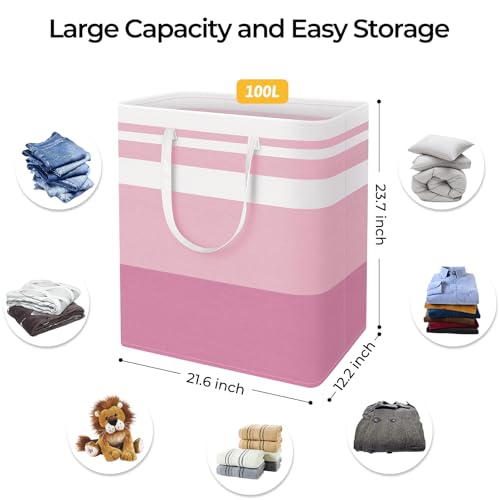 HomeHacks 2 Pack Large Laundry Baskets, Waterproof, Freestanding Laundry Hampers, Collapsible Clothes Hamper with Reinforced Handles in Laundry, College Dorm, Bathroom, Bedroom (Blue+Pink, 100Lx2) - color: Blue+Pink, size: 100L