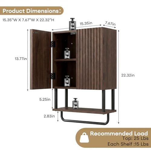 Farmhouse Fluted Bathroom Wall Cabinet,3-Tier Curved Profile Wooden Medicine Cabinet with 2 Doors,Over the Toilet Storage Cabinet Walnut Wall Mounted with Adjustable Shelf and Towel Bar - color: Dark Walnut, size: Small