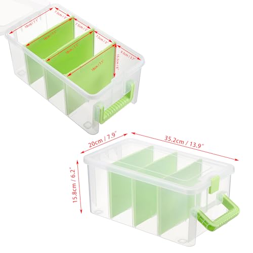 BTSKY Clear Plastic Dividing Storage Box with 4 Deep Compartments Adjustable Storage Bin with Lid Portable Craft Container Multipurpose Sewing Box Art Supply Organizer, 13.9x7.9x6.2 Inches, Green - size: 13.9x7.9x6.2 Inches-Green