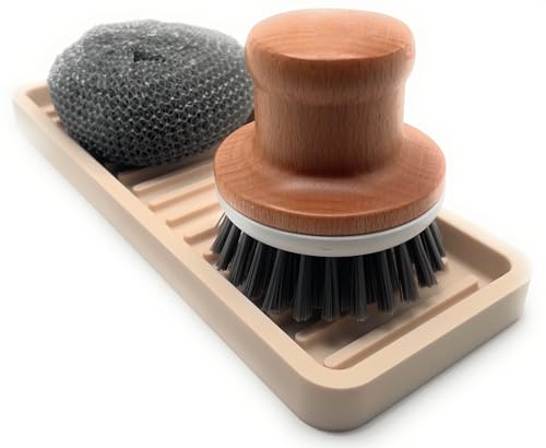 Happitasa Silicone Sink and Surface Organizer Tray, Sponge Holder, Vanity Tray, Trivet, Heat Safe, Dishwasher Safe, for Bathroom and Kitchen Organization (Sand Dollar, 9"x3.5") - color: Sand Dollar, size: 9" x 3.5" x 0.6"