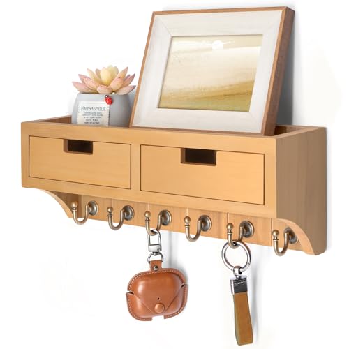Rebee Vision Key Holder Wall Mount with 2 Drawer Organizer & Key Hooks - Farmhouse Key and Mail Holder for Wall with Shelf for Room Decor Aesthetic - Rustic Home Organization (Light Brown) - color: Light Brown, style: 2-Drawer