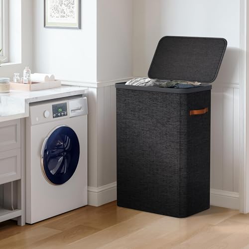 Sorbus Laundry Hamper with Lid - Collapsible 2-Compartment Fabric Laundry Basket with Handles and Removable Laundry Bag – 45 Gallon (170 L) Dirty Clothes Hamper for Bedroom, bathroom and dorm (Black) - color: Black, size: 2 Compartment