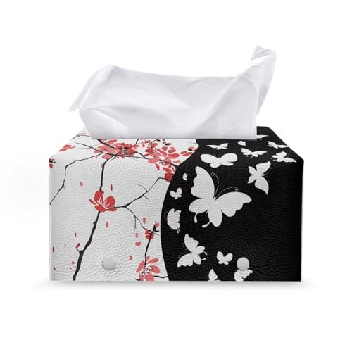 Butterfly Rectangle Tissue Box Cover Modern PU Leather Rectangular Tissue Box Waterproof Tissue Cover Decorative Holder Organizer for Bathroom Vanity Countertop - color: Butterfly Sakura