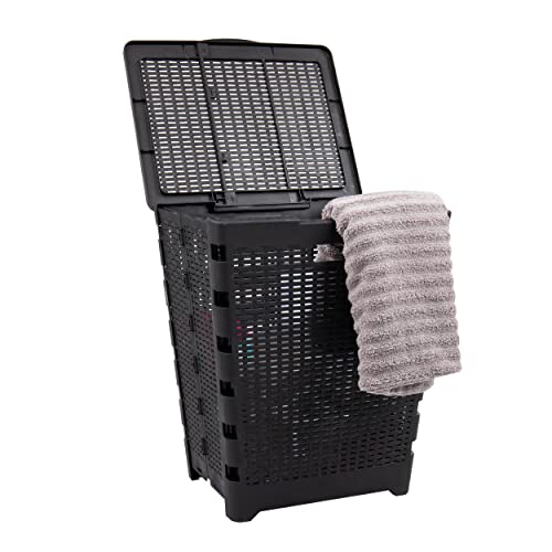 Mind Reader 61L Foldable Laundry Hamper, Clothes Basket, Lid, Wicker Design, Plastic, 18"L x 14.5"W x 21.25"H, Black - color: Black