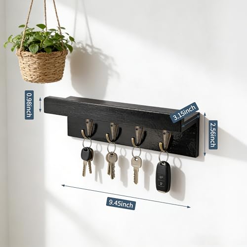 Gulex Key Holder Wall Mount, Rustic Wood Key Holder for Wall with 4 Hooks for Key Hanger to Organize Keys and Mail, Room Decor Key Hanger(Black) - color: Black