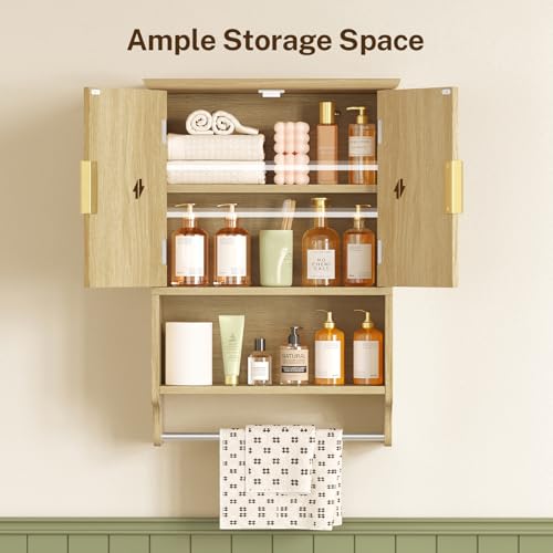 TEENFON Fluted Bathroom Wall Cabinet with Adjustable Shelves and Towel Rack, Wall Mounted Over The Toilet Storage Organizer for Bathroom, Living Room, Natural - color: Natural-22"h