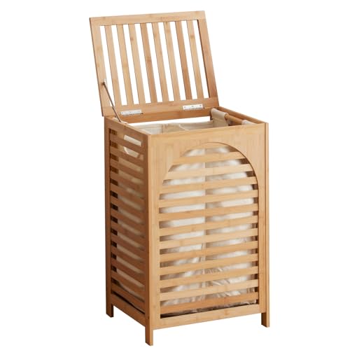 Laundry Hamper with Lid,Bamboo Large Waterproof Clothes Laundry Basket,Removable Washing Bags with Handles,clothes basket (Natural) - color: Natural