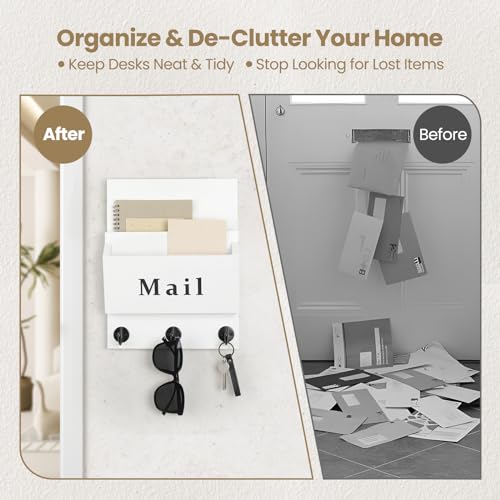 Mail and Key Holder - Decorative 8.86" x 11.42" Wall Key Hanger with 2 Mail Organizer Slots and 3 Hooks - Real Paulownia Wood with Keyhole Brackets, Hardware and Instructions (White) - color: White