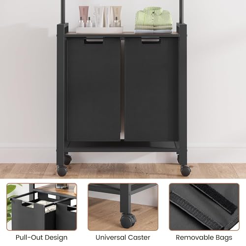 Laundry Sorter, Rolling Laundry Hamper 2-Section with Hanging Rack & Wheels,Laundry Basket Organizer for Laundry Room, Rustic Brown