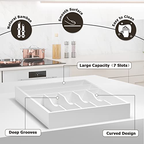 Utensil Organizer Silverware Drawer Organizer - 7 Slots Bamboo Cutlery Organizer Multi-Purpose Silverware Divider for Kitchen Flatware, Hair Accessories, Repair Tools, Art Set W13”x L17” (White) - color: White, size: 7 Slot