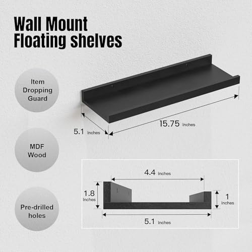 RICHER HOUSE 8 Set Floating Wall Mounted Shelves, Nursery Hanging Book Shelves with Lip for Storage, Black Display Picture Ledge Shelf for Bedroom Bathroom Kitchen Living Room Wall Decor, Modern White - color: Black, size: 8pcs*15.75in