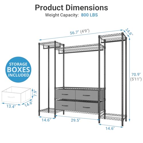VIPEK V20 Wire Garment Rack Heavy Duty Clothes Rack, Metal Clothing Rack with 6 Shelves, 3 Hang Rods & 4 Fabric Drawers, Compact Wardrobe Closet, 56.7" L x 14.6" W x 70.9" H, Black - color: Black, style: V20