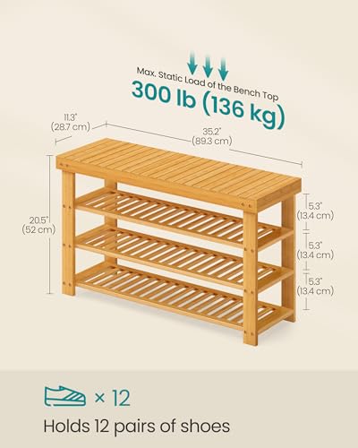SONGMICS Shoe Rack Bench, 4 Tier Bamboo Shoe Storage Organizer, Entryway Bench, for Living Room, Bathroom, Bedroom, 11.3 x 35.2 x 20.5 Inches, Light Bamboo ULBS390YL01 - color: Light Bamboo, size: 11.3"D x 35.2"W x 20.5"H