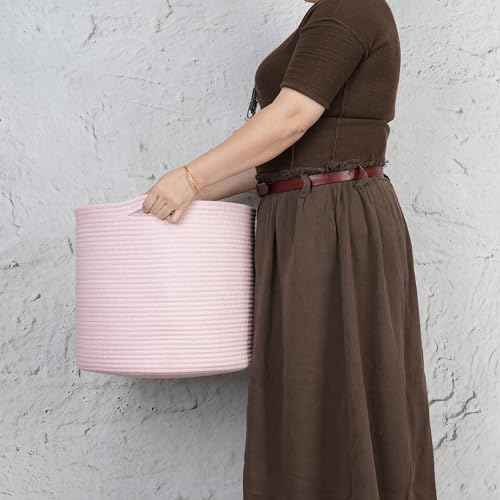 XUANGUO Cotton Rope Basket For Girls Kids 16”X14” Baby Laundry Baskets Nursery Bin Round Woven Basket Organizer For Storage Toys Blankets Shoes Clothes pink - color: pink