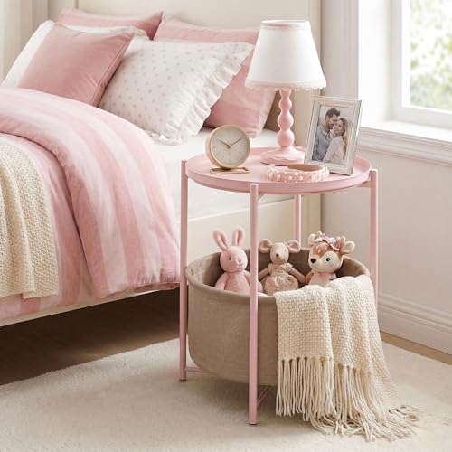 danpinera Round Side Table with Fabric Storage Basket, Metal Side Table Small Bedside Nightstand with Removable Tray Top for Living Room, Bedroom, Nursery, Laundry, Light Pink - color: Light Pink