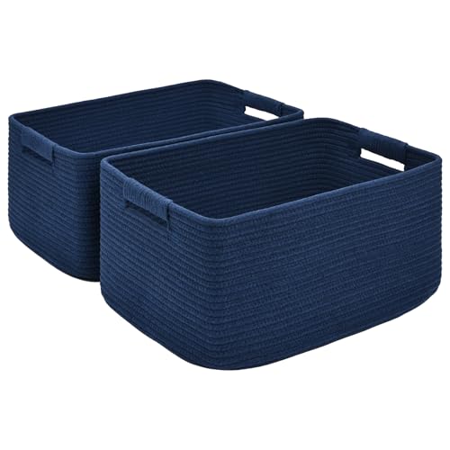 2 Pack Large Storage Basket for Organizing, 17.5"x13"x7" Woven Basket for Shelves, Closet Cube Storage Bins with Wrapped Handle, Cotton Rope Baskets for Kitchen, Clothes, Toys(Navy Blue) - color: Navy Blue, size: 2 Pack