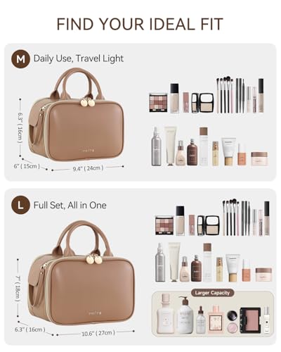 Prite Makeup Bag for Women, Large Capacity Waterproof Travel Cosmetic Organizer, Portable Open Flat Toiletry Bag with Free-standing Brush Holder and Handle(Brown Medium) - color: Brown, size: Medium