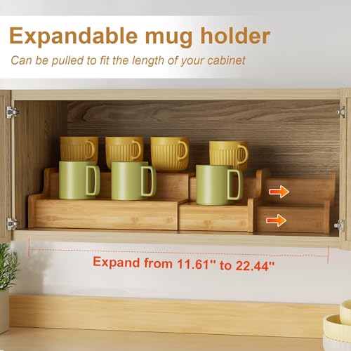 Hongtamoya 2-Tier Expandable Bamboo Coffee Mug Holder, Mug Organizer for Kitchen Cabinets, Mug Cup Rack, Multi-Functional Cup Holder Shelf, Coffee Bar Organizer, Home - size: (11.61~22.44'')L*8.86''W*4.53''H
