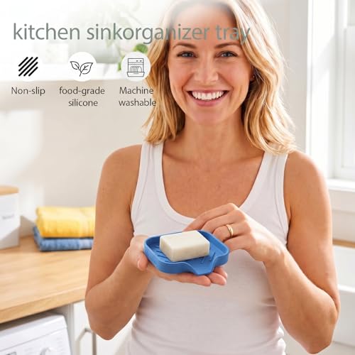 MicoYang Silicone Bathroom Soap Dishes with Drain Spout-Bathroom and Kitchen Sink Organizer,Sponge Holder,Dish Soap Tray,Perfect for Dispenser,Scrubber,Bottle,Cup on Counter Lichen Blue 4.9"×3.2" - color: Lichen Blue, size: S(4.9"×3.2")