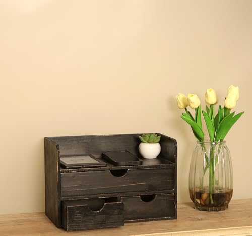Vintage Rustic Wooden 3 Drawer with Shelf Office Desk Organizer & Mail Rack For Desktop,makeup holder Box for Office Home Toiletries Supplies Vanity, No Assembly Required (Rustic Black) - color: Wood