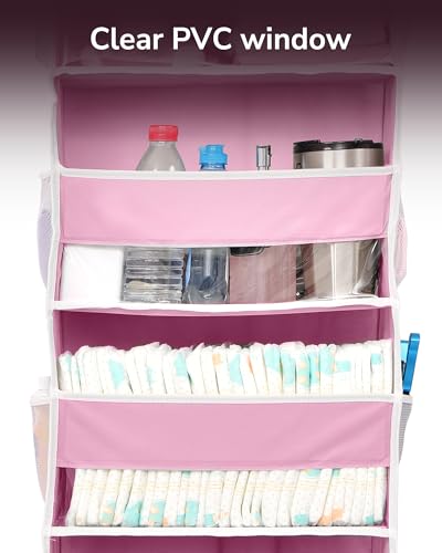 ULG 1 Pack Over Door Organizer with 5 Large Pockets 10 Mesh Side Pockets, 44 lbs Weight Capacity Hanging Storage Organizer with Clear Window Kids Toys, Shoes, Diapers, Pink - color: Pink, size: 1 Pack-5 Tier