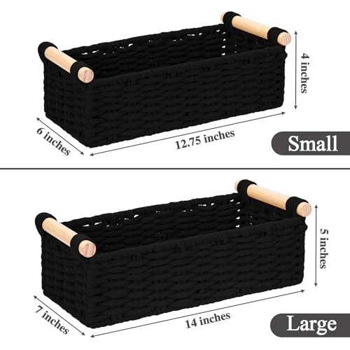 Boho Cotton Rope Storage Baskets Set of 2, Woven Wicker Organizer Bins with Wooden Handles, Small Decorative Boxes for Organizing, Toilet Paper Baskets for Bathroom Countertop, Shelves (Black 2 Pack) - color: Black 2 Pack