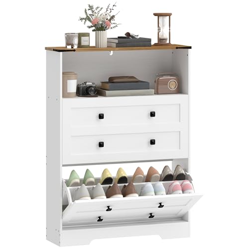 HOMCOM Shoe Cabinet with 2 Flip Drawers, Narrow Shoe Storage Cabinet with Adjustable Shelves and Open Shelf, Farmhouse Storage Organizer for Entryway, Hallway, Holds 12-16 Pairs, White - color: White