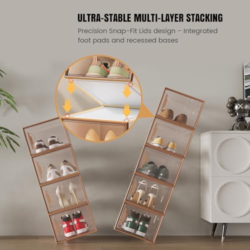 X-Large Stackable Shoe Boxes - Clear Plastic Shoe Storage Boxes with Magnetic Door, Thicken Shoe Organizer for Closet, Space Saving Foldable Shoe Containers Bins for Sneaker Boot - 6 Pack(Brown) - color: Brown