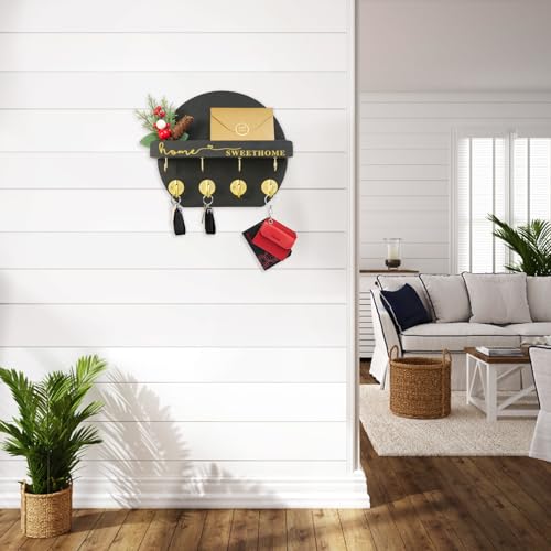Key Holder for Wall, Key and Mail Holder Organizer - Key Holder Wall Mount with Bouquet Shelf and Key Hooks, Round Wooden Rustic Key Rack for Entryway and Home Decor (Black) - color: Black