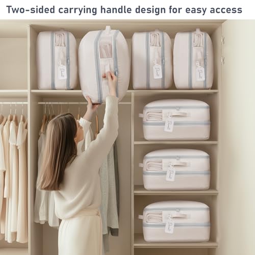 DIMJ Compression Storage Bags 6 Pack - Blanket Storage Bags with Window Zipper, Ultra Space Saving Self Compression Organizer for Puffer Jacket, Bedding, Lightweight Comforter Duvet, Sweater - color: Beige, size: 39L x 6 Pack
