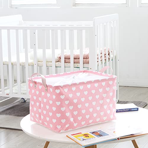 Hinwo 2-Pack Large Canvas Fabric Storage Basket with Handles, 33L/8.6-Gal Rectangle Bin, Collapsible Storage Box, Clothes, Toys, Blankets Organizer, 16.5 x 12 x 10 Inches (L, Pink Heart) - color: Pink Heart, size: L/16.5 x 12 x 10"/2-Pack