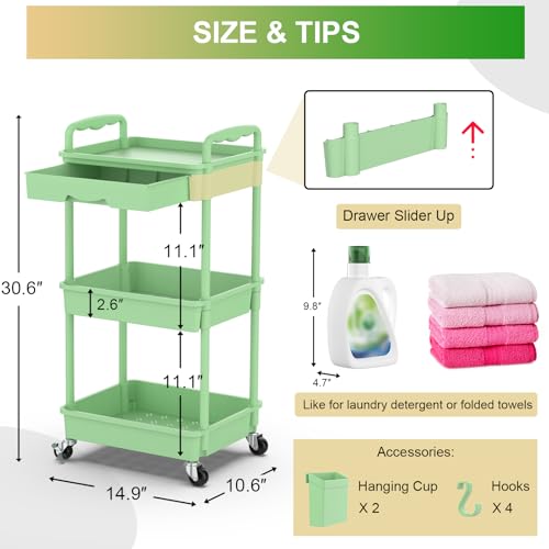 Goovilla 3 Tier Rolling Utility Cart Organizer with Removable Drawer, Stable and Sturdy Green Rolling Storage Carts with 2 Lockable Wheels for Bathroom, Kitchen, Snack, Craft, Makeup, Baby Essentials - size: 3 Tier, style: Green