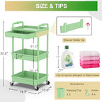 Goovilla 3 Tier Rolling Utility Cart Organizer with Removable Drawer, Stable and Sturdy Green Rolling Storage Carts with 2 Lockable Wheels for Bathroom, Kitchen, Snack, Craft, Makeup, Baby Essentials - size: 3 Tier, style: Green