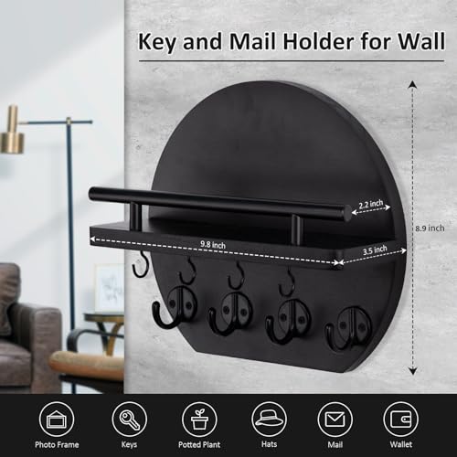 Nekon Key Holder for Wall - 9.8 Inch Apartment Wall Decor with Shelf and 8 Key Hooks, Circular Wood Key Hanger for Home Decor (Black) - color: Black
