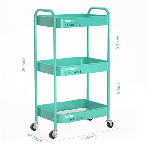 3-Tier Rolling Metal Storage Cart with Wheels, Multi-Functional Organizer for Office, Kitchen, Bathroom, Books Diapers - Easy Assembly (Blue) - color: Blue