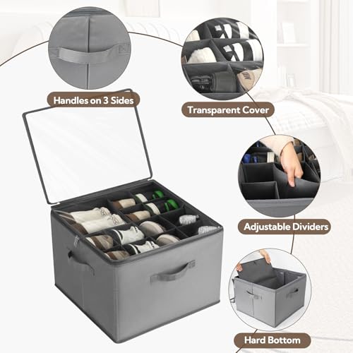 VZZNN Shoe Organizer for Closet, 2 Pack Foldable Shoe Storage Bins with Clear Cover and Adjustable Dividers, Fits up to 16 Pairs, Large Shoe Box Storage Containers with Reinforced Handles (grey) - color: Grey
