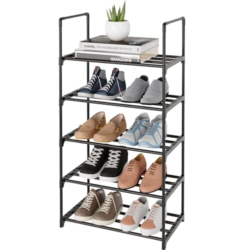 Metal Shoe Rack,Upgrade 5-Tier Stackable Shoe Stand,Narrow Shoe Storage Shelf for Shoes,Boots Entryway and Closet Hallway (with Handle, Black) - color: Black, size: 5-Tier (with handle)