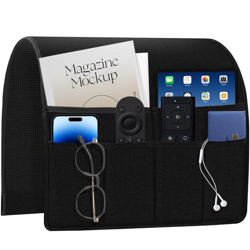 Remote Holder for Recliner Armchair & Couch, Non Slip Sofa Armrest Organizer Caddy with 6 Pockets Thick Linen Fabric Storage for Tablet, Phone, 19x35 Inches, Black - color: Black