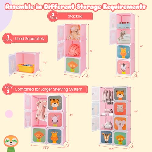 Costzon Kids Closet, Cartoon DIY Modular Dresser Storage Organizer with 8 Cubes & Clothes Hanging Rack, Portable Armoire for Baby Toddlers, Kids Wardrobe for Bedroom Nursery, Pink - color: Pink, size: 14"D x 29.5"W x 57"H (8 Drawers)