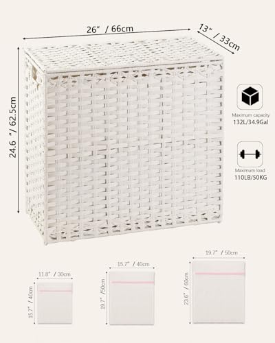 SETVSON Laundry Hamper with Lid Laundry Basket 132 L (35 Gal) Wicker Clothes Hamper, Handwoven Rattan Hamper with Handles and 4 Removable Liner Bags, 6 Mesh Bags for Laundry Bedroom White - color: White, size: 35.0 Gal