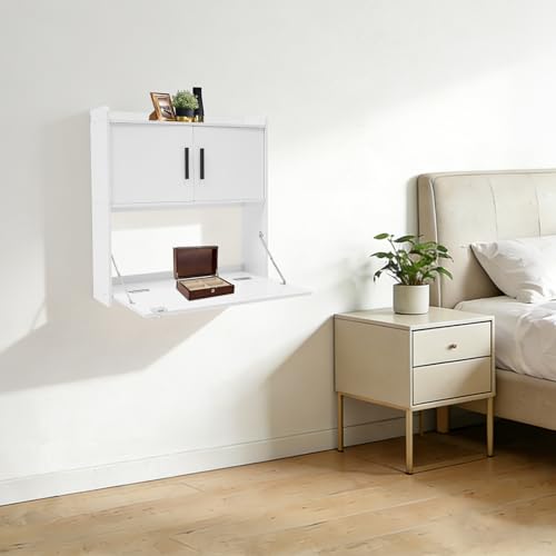 Wall Mounted Folding Desk with LED Light, Space-Saving Laptop Table for Home Office, Writing Workstation with Storage Shelves and Drawer, Floating Cabinet, 58x20x60cm (White) - color: White