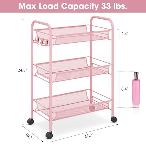 TOOLF 3 Tier Rolling Cart Pink - Metal Storage Organizer with Wheels, 33 lbs Shelf Capacity, Easy 5-Min Assembly, for Girls Room Bathroom Kitchen Office Nursery, Compact Design for Small Spaces, Pink - color: Pink, size: 3-Tier
