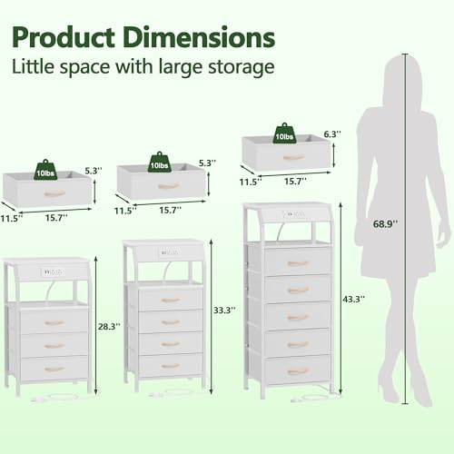 Furnulem Night Stand with Charging Station, Dresser with PVC & Fabric Drawers, 33.3 Inch Side Table with Open Shelf, Tall Bedside Table for Closet, Entryway, Bedroom Furniture, 3 Ways to Use, White - color: White, size: 4 Drawer