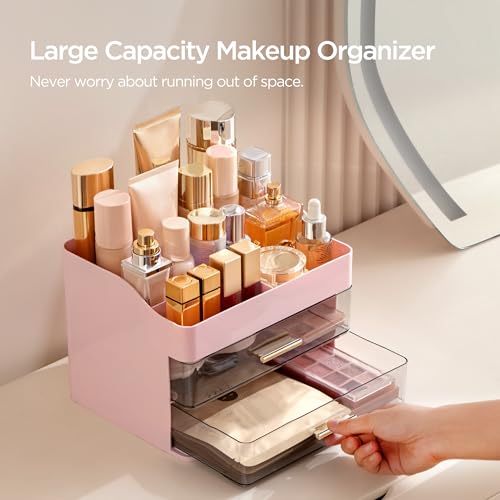 HBlife Makeup Organizer for Vanity with 2 Drawers, Large Plastic Bathroom Countertop Cosmetics Organizer Skin Care Storage, Easy to Store Lipsticks, Nail Polishes, Perfumes, Eyeshadow Palettes, Pink - color: Pink