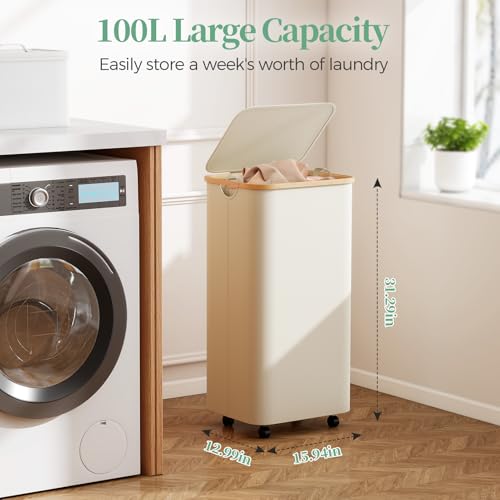 Yecaye 100L Large Capacity Laundry Hamper – Foldable Rolling Laundry Basket, Mobile Clothes Hamper with Wheels, Removable Inner Bag, Bamboo Handle Lid Laundry Bin – Multi-Use Storage,Beige - color: beige