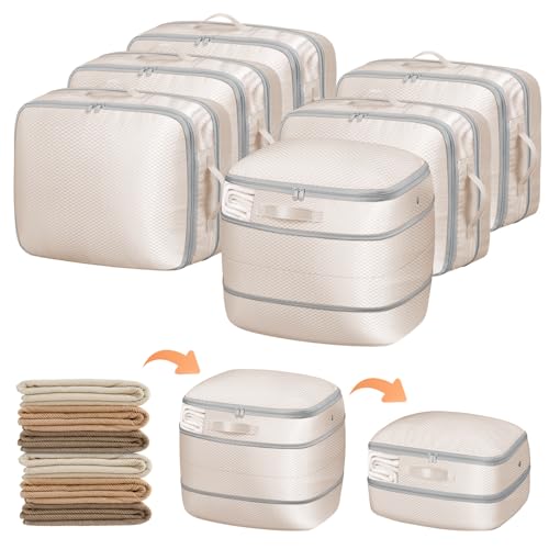 DIMJ Compression Storage Bags 6 Pack - Blanket Storage Bags with Window Zipper, Ultra Space Saving Self Compression Organizer for Puffer Jacket, Bedding, Lightweight Comforter Duvet, Sweater - color: Beige, size: 39L x 6 Pack
