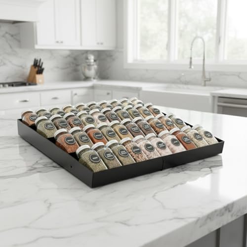 GOENDR Metal Spice Drawer Organizer, 4-Tier Spice Rack for Drawer, Expandable Seasoning Organizer Fits 11.4-22.8” Wide Drawer, Holds up to 48 Spice Jars (Not Included), Black - color: Black