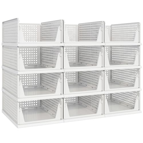 Pinkpum 12 Pack Stackable Plastic Storage Closet Organizers and Storage Bins Drawer Shelf Storage Container for Wardrobe Cupboard Kitchen Bathroom Office White - color: White, size: 12 Pack L