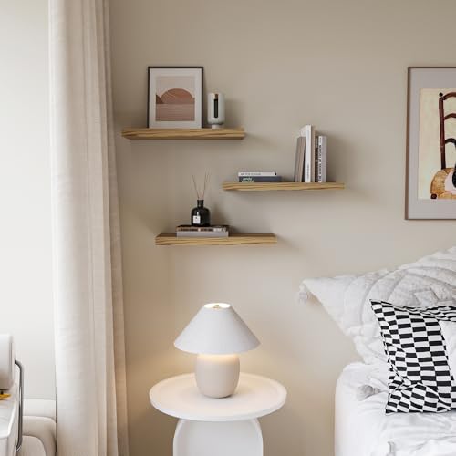 Upassion Floating Shelves for Wall Set of 3, 16" Light Brown Wood Wall Shelves for Home Decor, Frame Display Floating Shelf for Living Room, Bedroom, Bathroom, Kitchen - color: Light Ash, size: 16 Inch